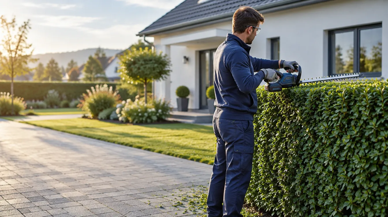 Gärtner schneidet mit elektrischer Heckenschere die Hecke vor einem Einfamilienhaus